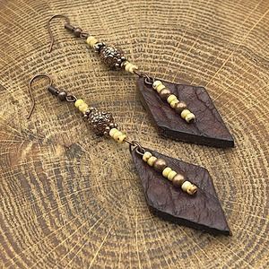 Buffalo Leather Dangle Earrings Antique Copper Flower Picasso Canary Beads Brown